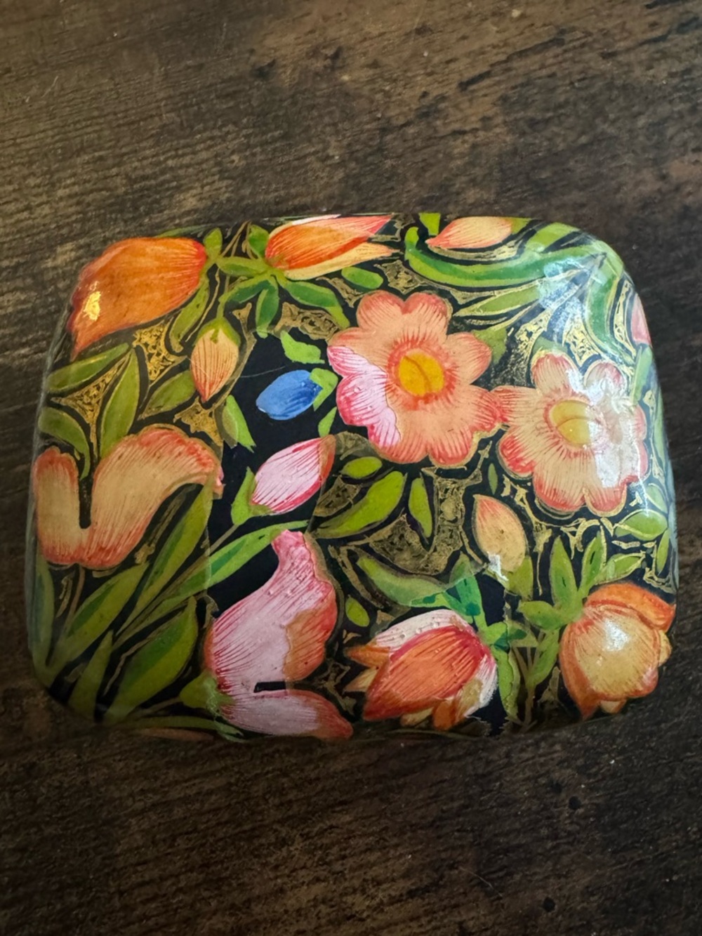 Vintage Floral Motif Paper Mache Small Trinket Box, Fair Condition